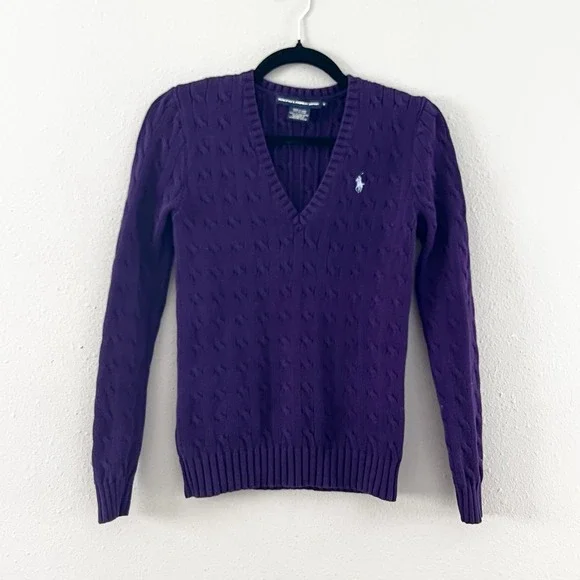 VTG Y2K Ralph Lauren Sport Cable Knit Sweater Women XS Purple V Neck Pony Preppy - Picture 1 of 4